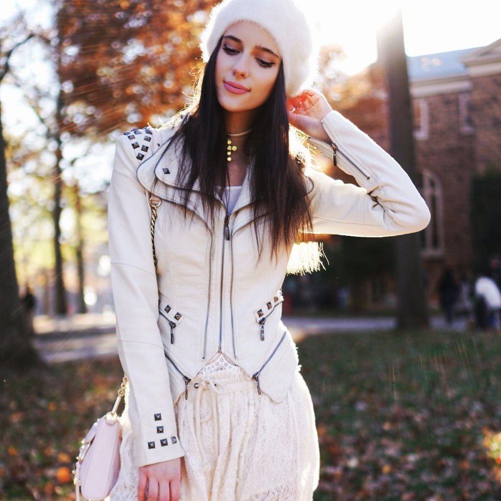 Cute Off White Faux Leather Moto Jacket